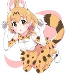  1girl animal_ears ankle_boots blonde_hair blush boots bow bowtie brown_eyes claw_pose commentary elbow_gloves eyebrows_visible_through_hair gloves high-waist_skirt highres kemono_friends looking_at_viewer miniskirt open_mouth print_gloves print_legwear print_neckwear print_skirt serval_(kemono_friends) serval_ears serval_print serval_tail shirt short_hair skirt sleeveless sleeveless_shirt solo squatting tail takosuke0624 thighhighs white_footwear white_gloves white_shirt yellow_legwear yellow_neckwear yellow_skirt 