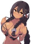  1girl azur_lane bangs bare_shoulders black_hair blush braid breasts brown_eyes cleavage closed_mouth commentary_request crop_top dark_skin eyebrows_visible_through_hair feathers hair_between_eyes hair_feathers head_tilt hori_(hori_no_su) large_breasts long_hair looking_at_viewer native_american navel simple_background solo south_dakota_(azur_lane) white_background 