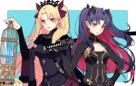  2girls bangs birdcage black_bodysuit black_dress black_eyes black_nails blonde_hair blue_background bodysuit breasts bubble1995 cage cleavage cleavage_cutout closed_mouth covered_navel dress earrings ereshkigal_(fate/grand_order) fate/grand_order fate_(series) fur-trimmed_sleeves fur_trim hair_ribbon hand_on_hip horns infinity jewelry looking_at_viewer medium_breasts multicolored_hair multiple_girls nail_polish parted_bangs parted_lips purple_hair purple_ribbon red_eyes red_hair ribbon small_breasts space_ishtar_(fate) tiara two-tone_background two-tone_hair two_side_up upper_body v-shaped_eyebrows 