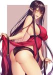  1girl alternate_costume ass bangs black_hair blush breasts brown_hair commentary dress fang fate/apocrypha fate/grand_order fate_(series) hair_between_eyes highres lace lace_panties large_breasts long_dress long_hair looking_at_viewer mijajure_ns open_mouth panties pointy_ears red_dress semiramis_(fate) sideboob skirt skirt_lift spikes thighs underwear very_long_hair yellow_eyes 