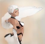  1girl altera_(fate) back bare_shoulders breasts dark_skin detached_sleeves expressionless fate/grand_order fate_(series) masato_(mirai_koubou) midriff red_eyes short_hair solo veil_removed white_hair 