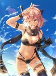  1girl ahoge asymmetrical_gloves bikini black_bikini black_bow black_gloves black_legwear black_scarf blue_sky bow breasts cloud cold_(hoshinoskull) cowboy_shot day elbow_gloves fate/grand_order fate_(series) gloves hair_bow half_updo highleg highleg_bikini medium_breasts multi-strapped_bikini navel okita_souji_(fate)_(all) okita_souji_(swimsuit_assassin)_(fate) one_eye_closed pink_hair scarf single_elbow_glove single_glove sky solo standing swimsuit thigh_strap thighhighs water yellow_eyes 