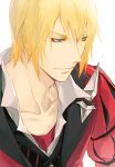  1boy bangs blonde_hair blue_eyes closed_mouth collarbone dress_shirt eizen_(tales) hair_between_eyes isa_(peien516) jacket long_sleeves male_focus red_jacket shirt simple_background smile solo tales_of_(series) tales_of_berseria white_background white_shirt 