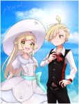  1boy 1girl absurdres belt black_vest blonde_hair blue_sky bow bowtie brother_and_sister closed_mouth cloud day dress eyes_visible_through_hair g_y_k gladio_(pokemon) green_eyes hair_over_one_eye hat highres lillie_(pokemon) long_hair long_sleeves open_mouth pokemon pokemon_(anime) pokemon_sm_(anime) short_hair short_sleeves siblings sky sun_hat vest white_dress white_headwear 