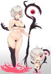  1girl breasts chibi full_body gloves gradient gradient_background hair_over_one_eye kuavera large_breasts original parted_lips red_eyes short_hair silver_hair single_glove single_thighhigh solo staff standing thighhighs two-tone_background 