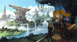  armor blue_eyes nagi_itsuki orange_hair original pixiv_fantasia pointed_ears scenic sword twintails water waterfall weapon 