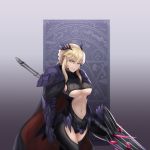  1girl absurdres artoria_pendragon_(all) artoria_pendragon_(lancer_alter) blonde_hair braid breasts cape cleavage commentary fate/grand_order fate_(series) gauntlets hair_between_eyes highres holding_lance large_breasts long_hair looking_at_viewer navel nayamer shoulder_armor sidelocks solo yellow_eyes 