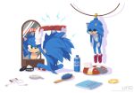  1boy adjusting_hair blue_fur commentary_request cosplay digital_media_player earbuds earphones furry gloves green_eyes hedgehog hedgehog_ears highres indian_style kigurumi large_shoes male_focus mirror mirror_image red_footwear redesign shoes sitting sneakers snout solo sonic sonic_the_hedgehog sonic_the_hedgehog_(movie) uno_yuuji white_gloves 