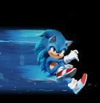  1boy black_background blue_spine commentary full_body green_eyes looking_at_viewer male_focus motion_blur nike redesign revision running shoes smirk sneakers snout solo sonic sonic_the_hedgehog sonic_the_hedgehog_(movie) tyson_hesse 
