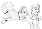  1girl ass bike_shorts breasts check_commentary commentary_request gundam gundam_build_fighters gundam_build_fighters_try hoshino_fumina large_breasts looking_at_viewer medium_hair monochrome open_mouth simple_background smile solo sports_bra tamagoroo_(funifuni_labo) white_background 