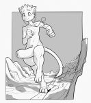  2016 3_toes 4_fingers anthro balls big_balls big_penis cactus cel_shading desert domestic_cat ducky_(artist) earbuds felid feline felis fingers greyscale headphones hi_res huge_penis jogging macro male mammal monochrome nude outside penis road smile solo toes valley 