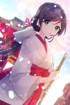  1girl :o bangs blurry blurry_background broom cherry_blossoms eyebrows_visible_through_hair green_eyes hair_ribbon highres japanese_clothes kazehana_(spica) long_hair long_sleeves looking_at_viewer love_live! love_live!_school_idol_project miko open_mouth outdoors petals ponytail purple_hair red_ribbon ribbon sash solo temple temple_gate toujou_nozomi traditional_clothes tree wide_sleeves 