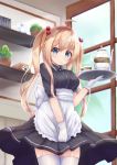  1girl ahoge apron apron_tug black_dress blonde_hair breasts cactus cup dress frown gloves hair_bobbles hair_ornament highres holding holding_tray long_hair looking_at_viewer medium_breasts mizuki_haruka original plant potted_plant standing teacup teapot tray uniform waitress white_gloves white_legwear window 