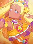  1girl amamiya_erena blonde_hair choker cure_soleil earrings expressionless hair_ornament jewelry long_hair looking_at_viewer magical_girl mole mole_under_eye orange_background precure purple_eyes solo sparkle star star_hair_ornament star_twinkle_precure tan tiara tj-type1 upper_body 