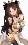  1girl arm_under_breasts armlet asymmetrical_legwear asymmetrical_sleeves bangs bare_shoulders bikini black_bow black_hair blush bow breasts cleavage collarbone detached_collar detached_sleeves earrings fate/grand_order fate_(series) hair_bow henz_(86551650) highres ishtar_(fate/grand_order) jewelry large_breasts long_hair looking_at_viewer navel neck_ring open_mouth parted_bangs red_eyes simple_background single_detached_sleeve single_thighhigh solo swimsuit thighhighs thighs tiara two_side_up white_background white_bikini 