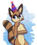  anthro areola blue_eyes blush breasts brown_body brown_fur cheek_tuft clothing confetti covering covering_breasts enginetrap face_tuft female fur hat head_tuft headgear headwear hi_res mammal navel nude party_hat procyonid raccoon solo standing tan_body tan_fur tuft 