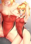  1girl areola_slip areolae armpits arms_up blonde_hair braid breasts collarbone commentary_request competition_swimsuit covered_navel cowboy_shot fate/apocrypha fate/grand_order fate_(series) french_braid green_eyes hair_ornament hair_scrunchie highleg highleg_swimsuit highres mordred_(fate) mordred_(fate)_(all) multiple_views one-piece_swimsuit open_mouth ponytail red_scrunchie red_swimsuit scrunchie simple_background sitting small_breasts steam swimsuit white_background zoom_layer zuizhong 