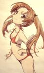  1girl ass bikini breasts brown_eyes brown_hair cleavage girls_und_panzer hand_on_hip head_tilt highres kadotani_anzu long_hair red_bikini sketch small_breasts smile solo swimsuit traditional_media twintails 
