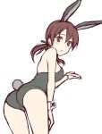  1girl animal_ears ass bare_shoulders bent_over black_leotard blush breasts brown_eyes brown_hair bunny_ears bunny_tail bunnysuit fake_animal_ears fake_tail gertrud_barkhorn hair_ornament hair_ribbon large_breasts leotard looking_at_viewer looking_back momiji7728 open_mouth ribbon short_hair short_twintails simple_background solo strike_witches tail twintails white_background world_witches_series 