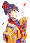  1girl blush brown_eyes floral_print flower graphite_(medium) hair_flower hair_ornament hibiscus highres japanese_clothes kimono mechanical_pencil okinawa original pairan pencil print_kimono purple_hair ryuusou smile traditional_media 