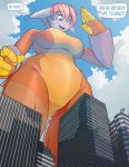  2014 4_fingers alien alien_text anthro armband big_breasts bodysuit breasts city clothed clothing colored dialogue ducky_(artist) female fingers hair hi_res looking_down low-angle_view macro mammal open_mouth open_smile orange_clothing outside satellite_dish short_hair skinsuit skyscraper smile solo speech_bubble standing text tight_clothing worm&#039;s-eye_view 