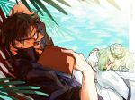  2boys apollo_(fate) book brothers brown_hair facial_hair fate/grand_order fate_(series) glasses goatee green_hair hand_behind_head hector_(fate/grand_order) highres male_focus multiple_boys ocean paris_(fate/grand_order) sheep siblings sleeping yawning 