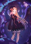  1girl abigail_williams_(fate/grand_order) bangs black_bow black_dress black_headwear blonde_hair blue_eyes bow dress fate/grand_order fate_(series) forehead hair_bow hat long_hair long_sleeves looking_at_viewer multiple_bows open_mouth orange_bow parted_bangs polka_dot polka_dot_bow relayrl ribbed_dress sleeves_past_fingers sleeves_past_wrists solo sparkle stuffed_animal stuffed_toy teddy_bear tentacles white_bloomers 