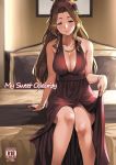  1girl bangs bare_shoulders blush breasts brown_hair closed_mouth collarbone cover cover_page doujin_cover earrings flower green_eyes hair_flower hair_ornament hairband highres idolmaster idolmaster_million_live! jewelry large_breasts long_hair looking_at_viewer necklace nikaidou_chizuru on_bed parted_bangs ponytail sitting smile solo tachibana_roku thighs 
