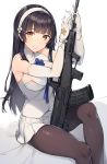  1girl assault_rifle bangs bare_shoulders black_hair breasts brown_eyes brown_legwear bullpup commentary_request elbow_gloves eyebrows_visible_through_hair flower girls_frontline gloves gun hair_flower hair_ornament hairband highres holding holding_gun holding_weapon knee_up large_breasts long_hair looking_at_viewer object_namesake pantyhose pleated_skirt qbz-95 qbz-95_(girls_frontline) rifle rikoma shirt sitting skirt sleeveless sleeveless_shirt solo very_long_hair weapon white_flower white_gloves white_hairband white_shirt white_skirt 