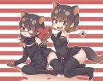  2girls apron australian_devil_(kemono_friends) bare_shoulders black_apron black_hair black_legwear black_neckwear black_shirt black_skirt bow bowtie brown_eyes brown_gloves commentary_request detached_sleeves extra_ears eyebrows_visible_through_hair eyepatch fangs gloves highres kemono_friends kolshica medical_eyepatch multicolored_hair multiple_girls no_shoes open_mouth pleated_skirt shirt short_hair skirt spoken_x tasmanian_devil_(kemono_friends) tasmanian_devil_ears tasmanian_devil_tail thighhighs white_hair zettai_ryouiki 