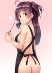  1girl apron ass blush breasts brown_eyes eyebrows_visible_through_hair gradient gradient_background hagikaze_(kantai_collection) heart highres kamelie kantai_collection long_hair medium_breasts naked_apron purple_hair smile solo 