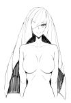  1girl absurdres breasts closed_mouth commentary_request hair_over_one_eye highres long_hair looking_at_viewer lusamine_(pokemon) monochrome nude pokemon pokemon_(game) pokemon_sm simple_background smile solo tamagoroo_(funifuni_labo) very_long_hair white_background 