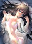  1girl amano_hina_(tenki_no_ko) bangs bed_sheet black_choker black_hair blue_eyes breasts censored choker closed_mouth collarbone commentary_request eyebrows_visible_through_hair gc3 groin hair_between_eyes hands_up highres japanese_clothes kimono light_censor long_hair long_sleeves lying navel on_back open_clothes open_kimono small_breasts solo tenki_no_ko very_long_hair white_kimono wide_sleeves 