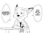  anthro black_and_white black_nose canid canine cheek_tuft clothed clothing dialogue dipstick_ears disney edit english_text face_tuft fox furniture gloves_(marking) hard_translated holding_cup holding_object inner_ear_fluff mammal markings meno monochrome multicolored_ears necktie nick_wilde police_uniform red_fox solo speech_bubble table text translated tuft uniform zootopia 