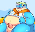  balls belly blue_body blue_scales blush bottomless clothed clothing crocodile crocodilian crocodylid erection fupa hi_res kusosensei makara male overweight penis reptile scales scalie tokyo_afterschool_summoners video_games visor_cap 