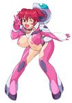  bent_over breasts brown_eyes center_opening freckles gloves gundam gundam_00 helmet highres large_breasts muimui nena_trinity nipple_slip nipples no_panties one_eye_closed open_mouth pink_gloves pink_legwear red_hair revealing_clothes skin_tight smile solo thighhighs two_side_up v 