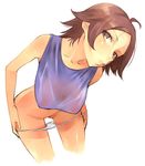  ahoge bad_id bad_pixiv_id bare_shoulders bent_over brown_eyes brown_hair heisa kazama_asuka leaning_forward panties panty_pull see-through short_hair simple_background solo sweat tank_top tekken underwear undressing 