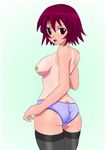  artist_request ass azumanga_daiou bandaid bandaids_on_nipples blush breasts cowboy_shot from_behind kagura_(azumanga_daiou) looking_at_viewer looking_back medium_breasts one-piece_tan panties pasties red_hair short_hair simple_background solo tan tanline thighhighs underwear 