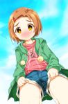  blue_shorts blue_sky blush brown_hair closed_mouth cloud collarbone cowboy_shot day denim denim_shorts embarrassed eyebrows_visible_through_hair female flat_chest from_below green_jacket hair_ornament hairclip hood hoodie idolmaster idolmaster_cinderella_girls jacket jpeg_artifacts long_sleeves looking_at_viewer looking_down nose_blush outdoors peeing peeing_self ratryu red_shirt ryuuzaki_kaoru shirt short_hair short_shorts shorts sky solo sparkle standing sweat tears wavy_mouth wet wet_clothes yellow_eyes 