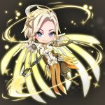  1girl blonde_hair blue_eyes breasts bright_pupils brown_background brown_legwear chibi diamond-shaped_pupils energy eyebrows_visible_through_hair full_body glowing glowing_wings greaves highres holding holding_staff leg_up light_particles looking_at_viewer mechanical_halo mechanical_wings medium_breasts mercy_(overwatch) no_nose outstretched_hand overwatch pantyhose pelvic_curtain short_hair smile solo sparkle spread_wings staff sumino_akasuke symbol-shaped_pupils white_pupils wings yellow_wings 