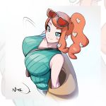  1girl absurdres between_breasts blue_eyes blush_stickers breasts eyewear_on_head highres large_breasts looking_up naze off_shoulder orange_hair pokemon pokemon_(game) pokemon_swsh shirt side_ponytail sleeveless sleeveless_shirt smile sonia_(pokemon) sunglasses 