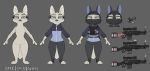  2019 absurd_res anthro arctic_fox balaclava belt blue_eyes bottomwear bulletproof_vest canid canine cheek_tuft clothed clothing dart disney english_text face_tuft female fox grey_background gun half-closed_eyes handgun hi_res hood hoodie inner_ear_fluff looking_at_viewer mammal mask model_sheet nude pants pistol ranged_weapon rifle simple_background skye_(zootopia) sniper_rifle solo standing text toeless_shoes topwear tuft weapon yitexity zootopia 