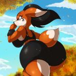  2019 anthro black_hair black_nose butt butt_focus canid canine clothed clothing cloud digital_media_(artwork) dipstick_ears dipstick_tail female fox hair hi_res leaf mammal multicolored_ears multicolored_tail outside solo suirano yui_(suirano) 
