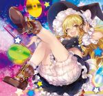  1girl ;d album_cover ankle_boots ass black_skirt blonde_hair bloomers blush boots bow braid breasts brown_footwear buckle cd cover double-breasted frilled_skirt frills hair_bow hand_on_headphones hand_up hat hat_bow headphones highres jewelry kirisame_marisa leg_up legs long_hair looking_at_viewer medium_breasts midriff navel necklace one_eye_closed open_mouth petticoat puffy_short_sleeves puffy_sleeves shoe_soles short_sleeves side_braid single_braid skirt skirt_set smile socks solo star starry_background touhou underwear v-shaped_eyebrows white_bow witch_hat wrist_cuffs yellow_eyes yuuki_yuchi 