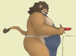  anthro apron apron_only belly butt chopsticks clothing cooking cookware felid frying_pan fur hi_res holding_object kitchen_utensils lion male mammal mane moobs mostly_nude open_mouth overweight overweight_male pantherine solo standing tan_body tan_fur tools ガブ 