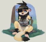  2019 anthro big_breasts black_hair blue_eyes bottomless breasts brown_nose clothed clothing ear_piercing eyeshadow female footwear fur goth hair hi_res long_hair looking_away lutrine makeup mammal mustelid partially_clothed paws piercing pussy reign-2004 sitting solo spread_legs spreading toes whiskers yellow_body yellow_fur 