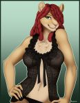  2019 5_fingers accelo anthro areola breasts clothing digital_media_(artwork) felid female fingers fur green_background green_eyes hair hair_over_eye hi_res lingerie lion mammal navel nipples pantherine red_hair simple_background smile solo tan_body tan_fur translucent translucent_clothing 