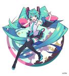  1girl :d absurdly_long_hair aqua_background arms_at_sides arms_up bare_shoulders beige_background black_legwear black_skirt blue_eyes blue_nails blue_neckwear breasts cloud cloud_background detached_sleeves eyebrows_visible_through_hair fingernails full_body hair_between_eyes happy hatsune_miku headset iwato1712 knees_together_feet_apart long_hair looking_at_viewer multicolored multicolored_background necktie open_mouth pleated_skirt polka_dot polka_dot_background purple_background shiny shiny_hair shirt shoulder_tattoo sidelocks simple_background skirt sleeveless sleeveless_shirt small_breasts smile solo sparkle sparkle_background standing standing_on_one_leg tattoo teeth thighhighs twintails upper_teeth very_long_hair vocaloid white_background white_shirt zettai_ryouiki 