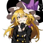  1girl bangs black_gloves black_headwear blonde_hair blush bow braid buttons eyebrows_visible_through_hair gloves grin hair_bow hat hat_bow kirisame_marisa long_hair long_sleeves manarou simple_background single_braid smile smug solo touhou upper_body white_background witch_hat yellow_eyes 