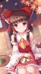  1girl animal ascot bangs bare_shoulders bow brown_eyes brown_hair cat cat_on_lap commentary_request cup detached_sleeves eyebrows_visible_through_hair frilled_bow frilled_shirt_collar frilled_skirt frills hair_bow hair_tubes hakurei_reimu highres long_hair looking_at_viewer lzh nontraditional_miko porch red_skirt ribbon-trimmed_sleeves ribbon_trim sitting skirt skirt_set solo sweatdrop touhou wide_sleeves yellow_neckwear yunomi 